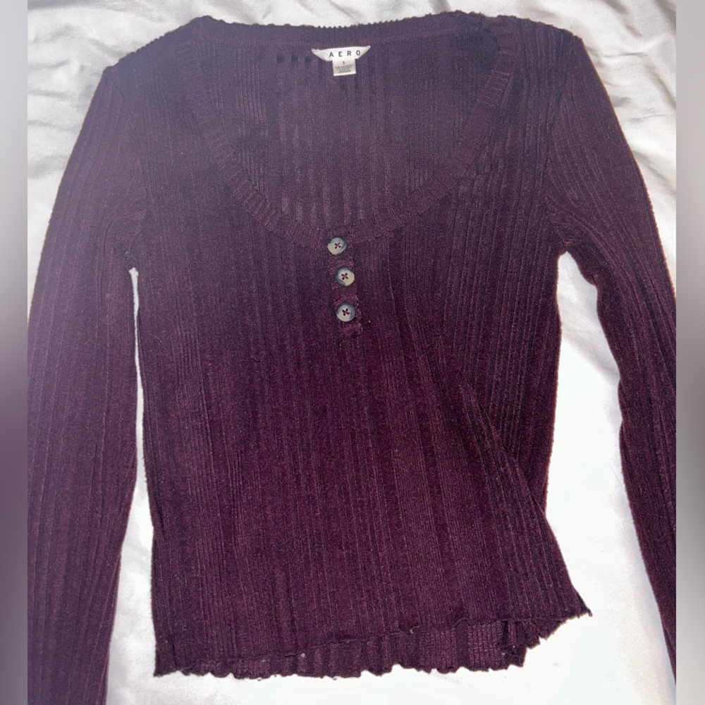 Aeropostale Red Wine Ruffle Trim Low Scoop Button Long Sleeve Shirt